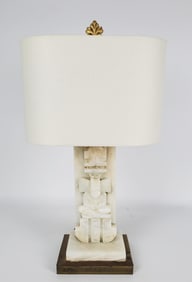 Vintage Marble Table Lamp with Aztec Carved Deity, on a pierced metal base,
