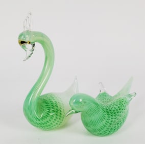 Two Vintage Italian Murano Glass Birds, with the Murano Glass stickers, Swan-6" h. 3 3/4" w. 2" d.,