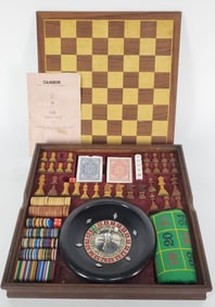 Vintage Games Box fitted in a Chessboard Box, missing one pawn, 2 1/4" h. 14 7/8" w. 14 7/8" d.