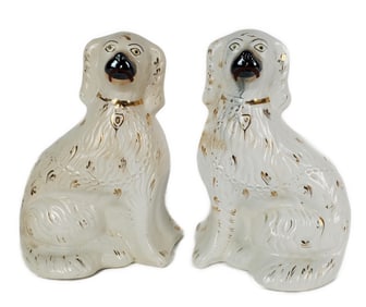 Pair of English Staffordshire Pottery Spaniels, 12 1/2" h. 9" w. 5 1/2" d.