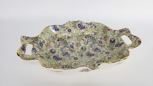 Boch Freres Porcelain Bowl with Handles having a paisley pattern design, 20th Century, gilded