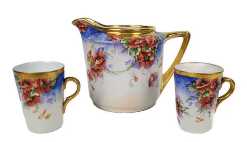 German Porcelain Hand Painted Lemonade Pitcher and Two Cups, Early 20th Century, underside marked