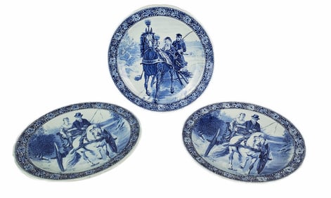 Three Holland Delft Blue and White Chargers, marked, 15 3/4" dia.