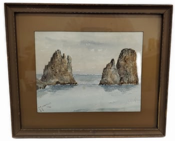 Giuseppe Giardiello (Italian, 1877-1920) Seascape with Rocky Outcropping, Watercolor on paper,