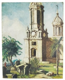 Wallace H. Smith (20th Century) Church with Cemetary, Oil on board, Signed lower right, 20" x 16",