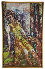 American School (Circa 1960's) Expressionist Seated Girl, Oil on board, Signed Moss lower left, 48"