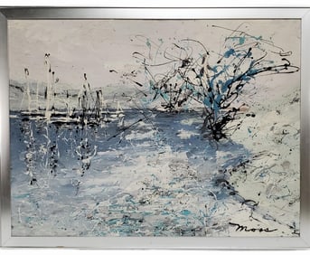 American School (Circa 1960's) Expressionist Boats on a Lake, Oil on masonite, Signed Moss lower