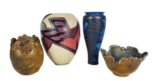 Group of Four Studio Ceramic Vases, 20th Century, Tallest-12" h.