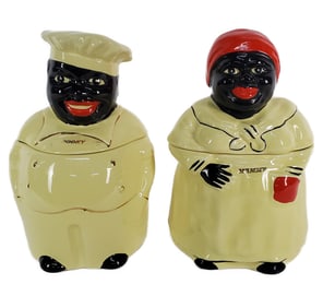 Pair of Mid-Century Black Americana Collectible Cookie Jars, marked Pearl China Co. Hand Decorated