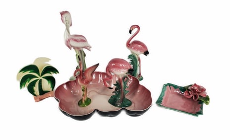 Group of Seven Vintage American/California Pottery Glazed Objects to include: Three Flamingos, One