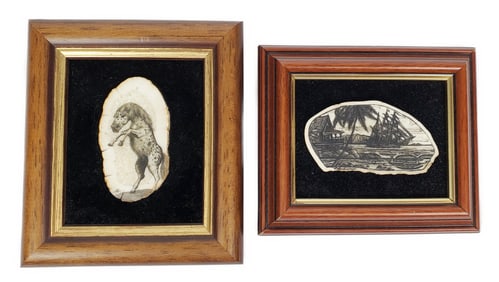 Two Etched Bone Plaques in Frames, one depicting a rearing wild horse and the other with clipper