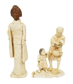 Two Japanese Carved Figures, one a Standing Female Attendant and the other a Group Carving of Two
