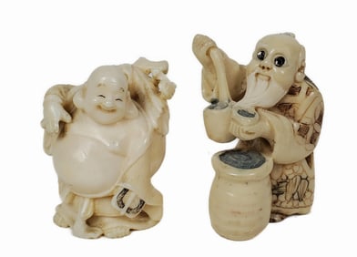 Two Carved Netsukes, one a Chinese Happy Buddha and the other a Japanese Merchant, both marked,