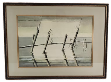 Dirk Nijland (Dutch, 1881-1955) Seascape with Pelicans, Watercolor on paper, Monogrammed ND lower