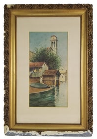 Italian School (Late 19th Century) Canal with Church, Watercolor on paper, Unsigned, 18 5/8" x 9