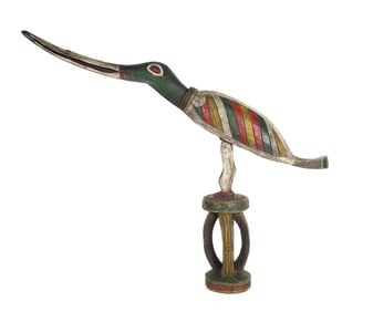 African Tribal Polychrome Bird Sculpture, the long billed bird resting on a carved supported base,
