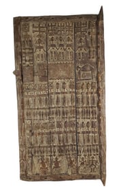 African Tribal Dogon Grainery Door, Mali, a door panel in three sections with rows of carved figures