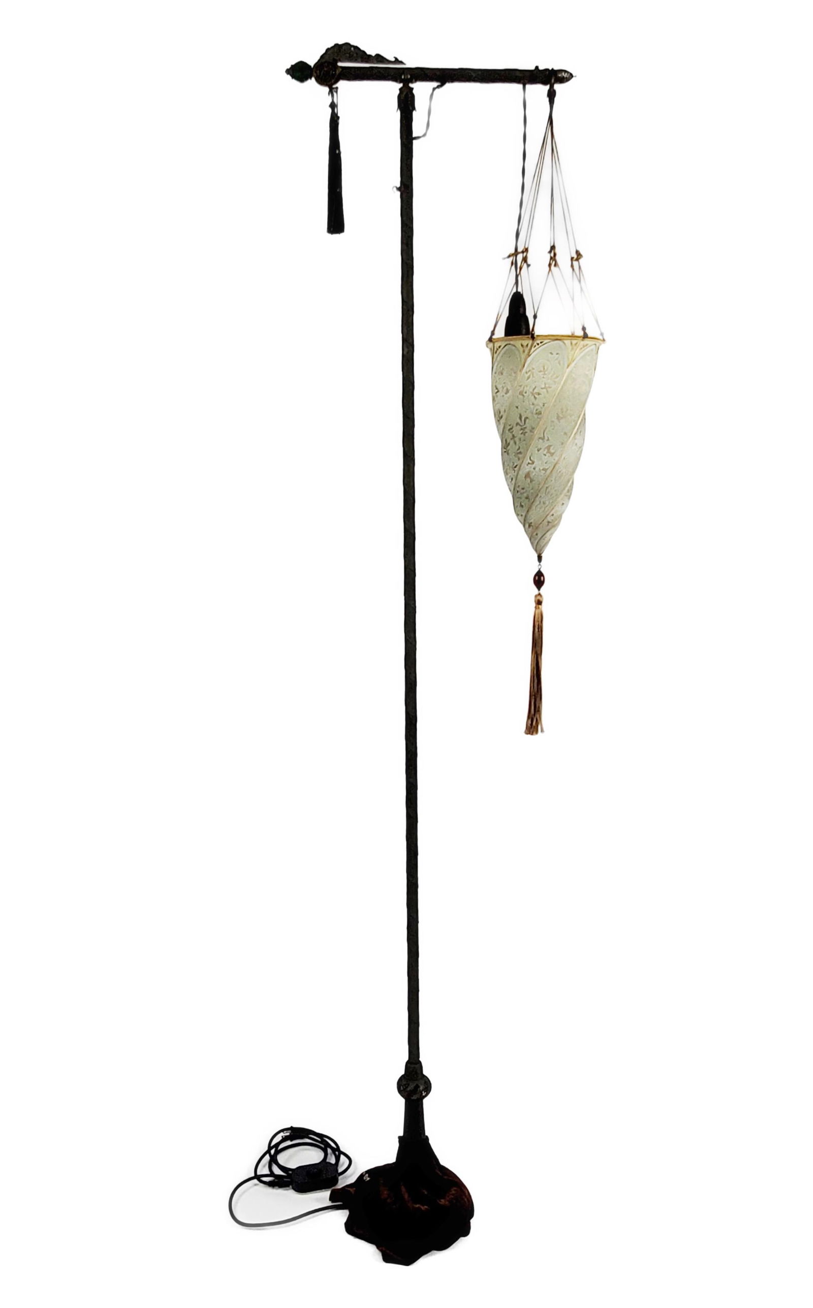 Unusual Floor Lamp with Silk Shade and wrapped in fabric with metal mounts, 69 1/2" h. (1 of 4)