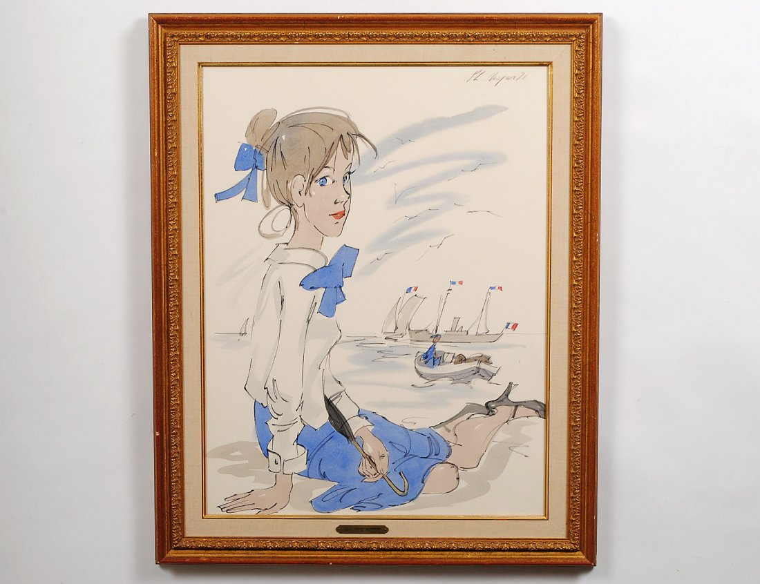 PHILIPPE HENRI NOYER (French. 1917-1985): "Girl in Blue with Boats". Signed in pencil and dated '71 u/r. Watercolor on Paper. Measuring 25 1/2" by 19 1/2". Gilded frame with nameplate behind glass. (Cond: good) (250/350)