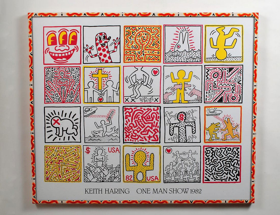 KEITH HARING (American. 1958-1990): "One Man Show 1982". No signature. Offset Color Lithograph. Sheet measuring 33 1/2" by 39 1/4". Printed by Nouvelle Images S.A., France. In a Haring style painted frame. (Cond: good) (400/600)