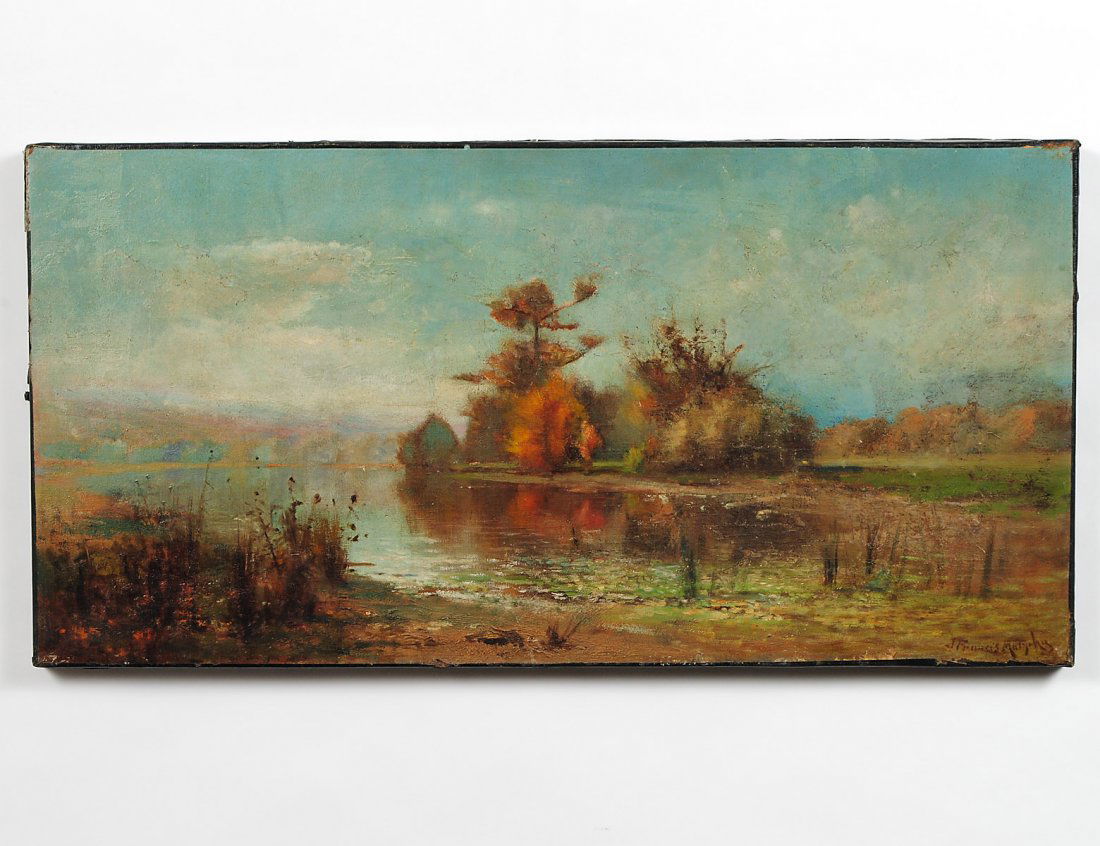 JOHN FRANCIS MURPHY (American. 1853-1921): "River Landscape". Signed l/r. Oil on Canvas. Measuring 13" by 26". Unframed. (Cond: relined, scattered inpainting mostly to sky) (400/600)