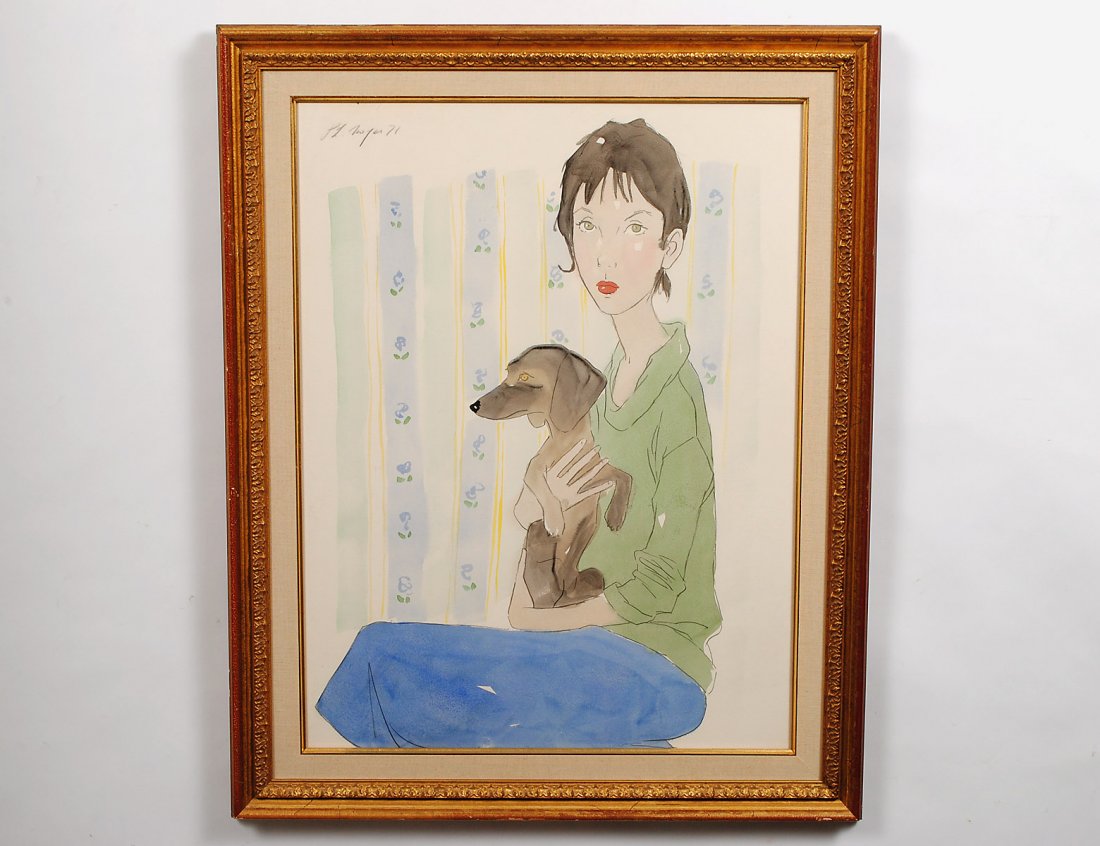 PHILIPPE HENRI NOYER (French. 1917-1985): "Girl Seated with Daschund". Signed and dated '71 u/l. Watercolor on Paper. Measuring 26" by 18 1/2". Gilded frame behind glass. (Cond: good) (250/350)