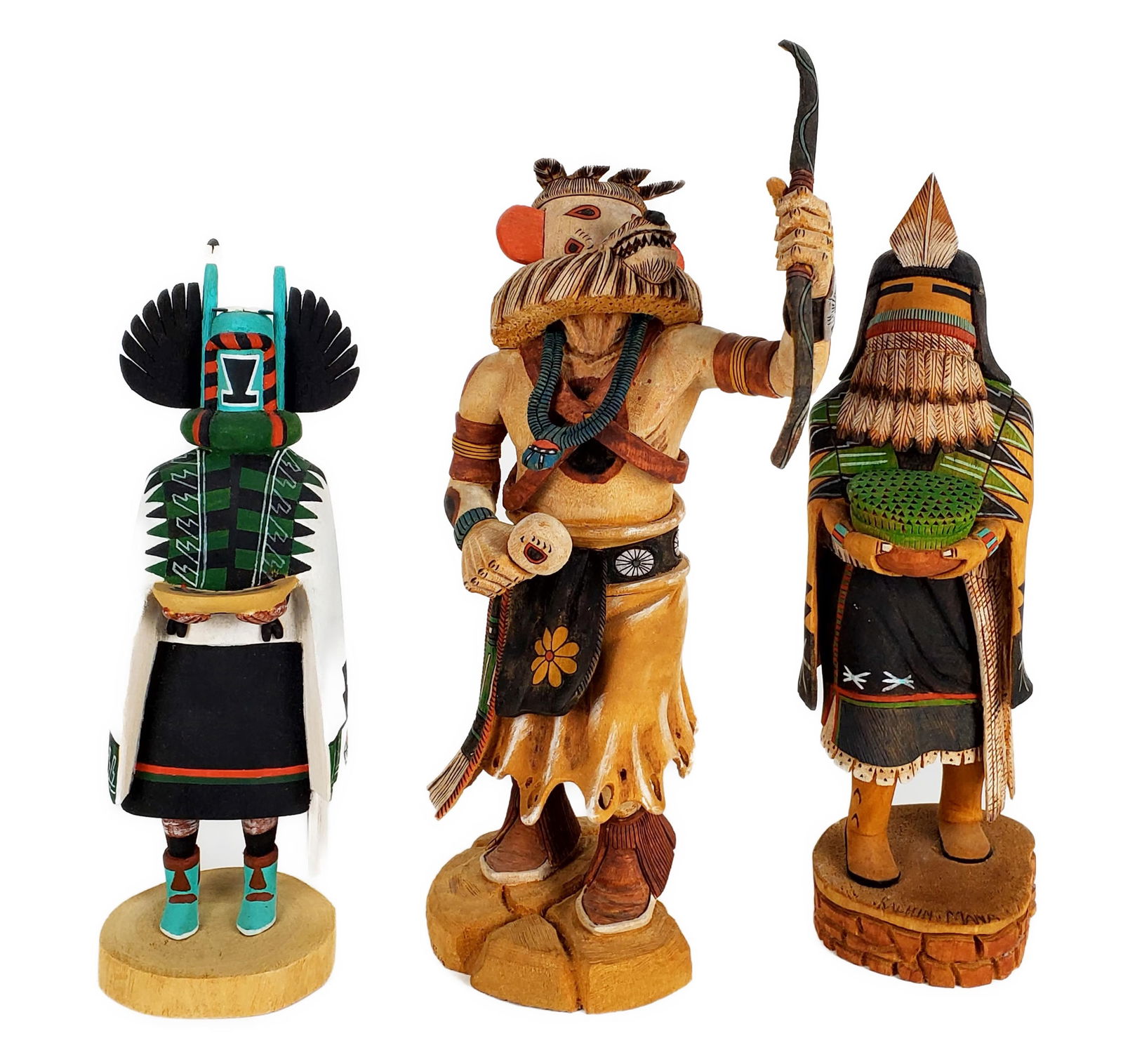 Group of Three Native American Hopi Carved Wood and Painted Kachinas, White Bear, Kachin Mana, Crow (1 of 14)