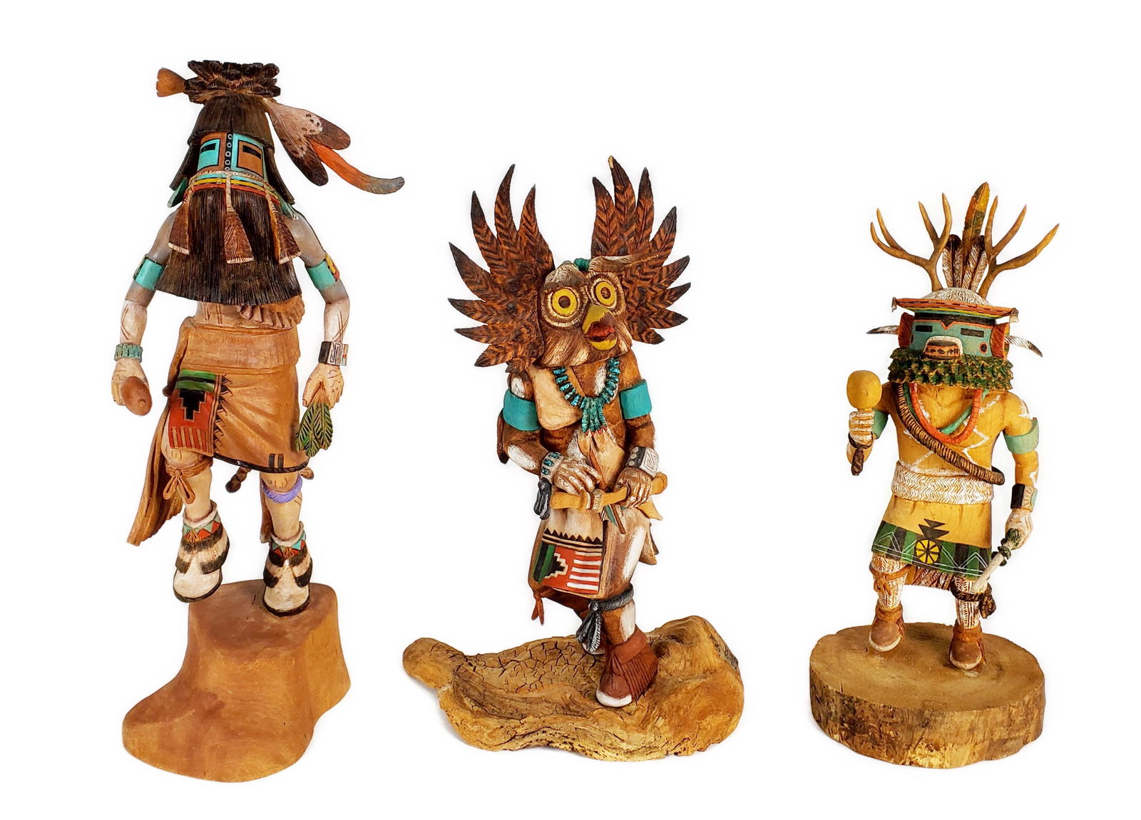 Three Southwest Native American Wood Carved and Painted Kachinas, each signed on the bottom, two (1 of 20)