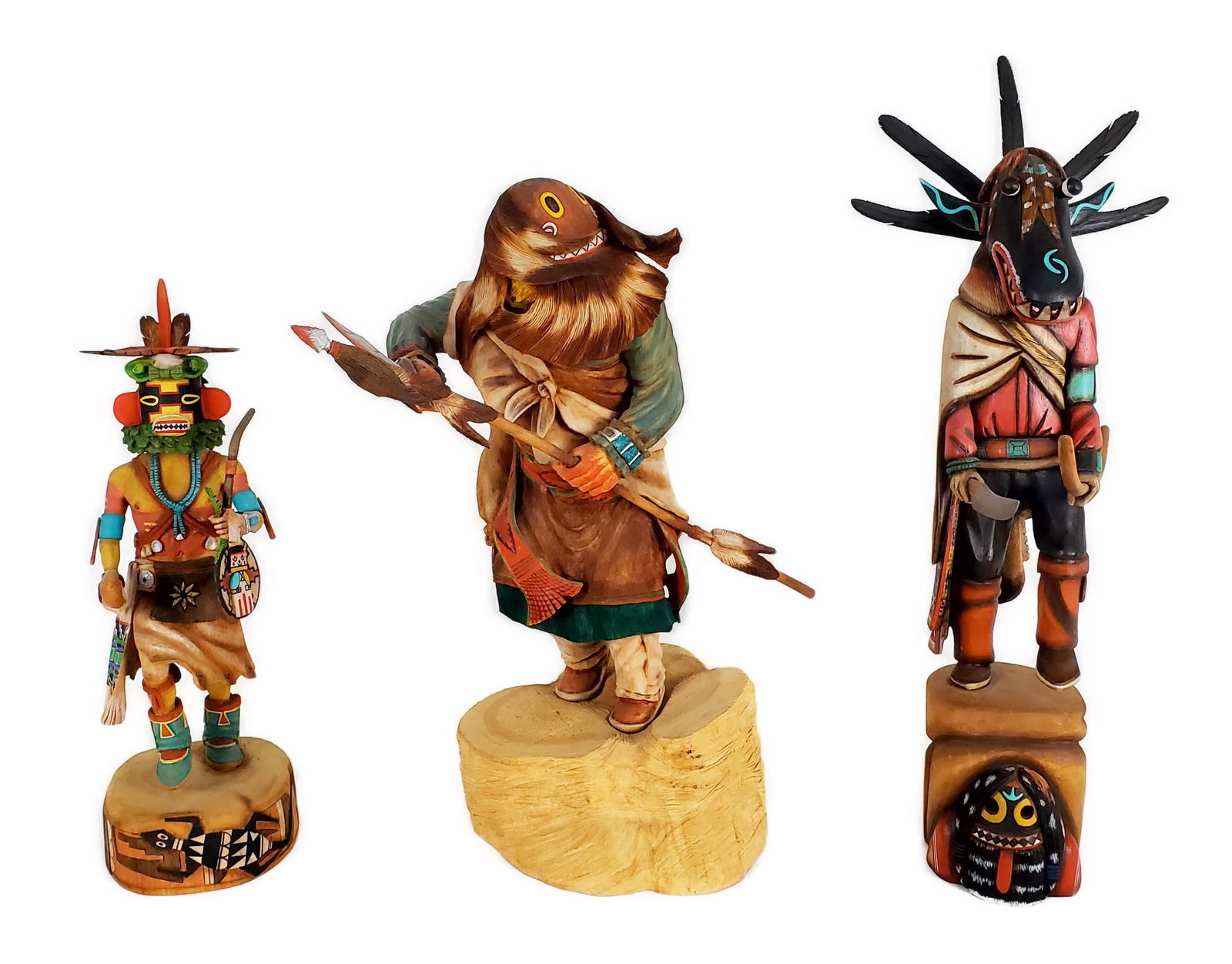 Three Southwest Native American Wood Carved and Painted Kachinas, Male Ogre, Female Ogre, and (1 of 8)