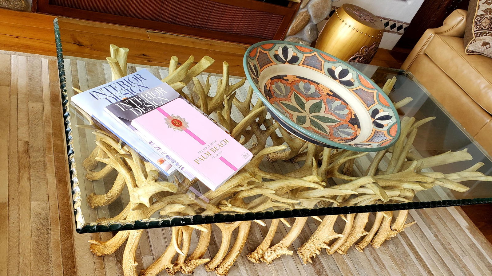 Native American Style Antler Coffee Table with Glass Top