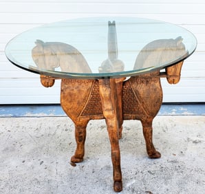 Asian Wood Carved Table with Quadruped Horse Base and Glass Top, 20th Century,