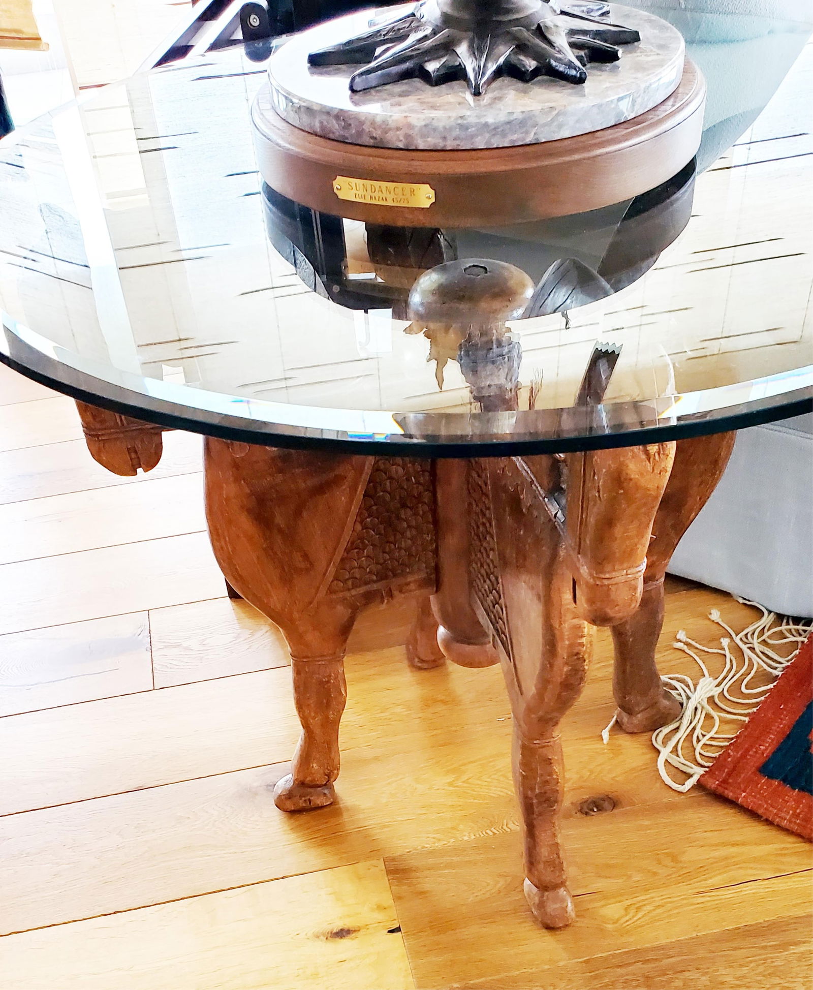 Asian Wood Carved Table with Quadruped Horse Base and Glass Top, 20th Century, (1 of 4)