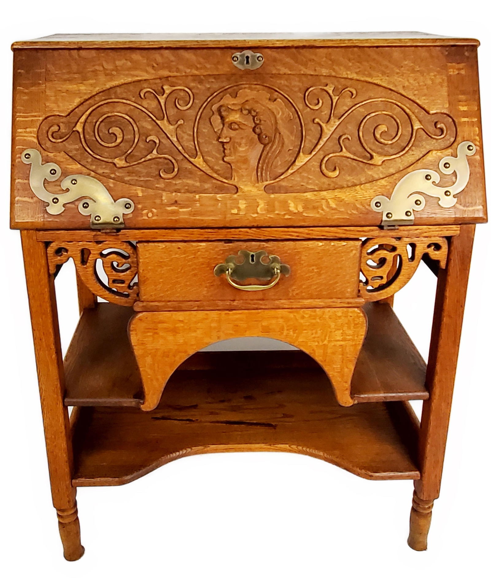 Unusual American Oak Carved Slant Front Desk, c.1910, the fall front door carved with a man's (1 of 5)