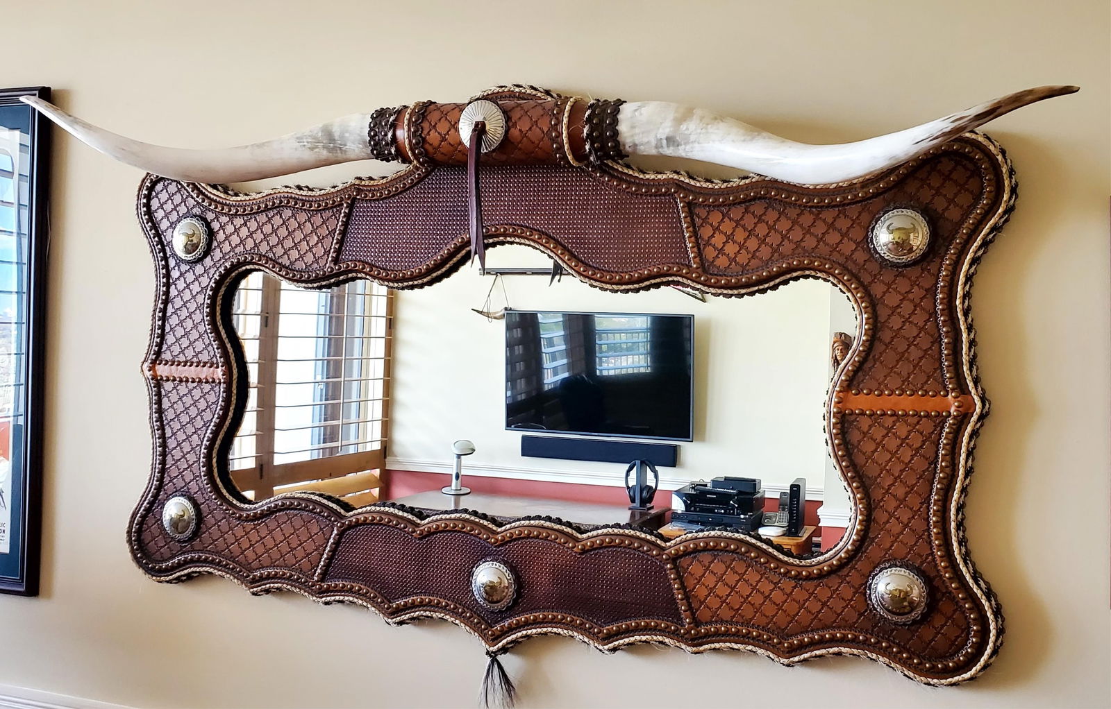 Contemporary Longhorn Steer and Leather Tooled Wall Mirror, 38" h. 65" w. (1 of 3)