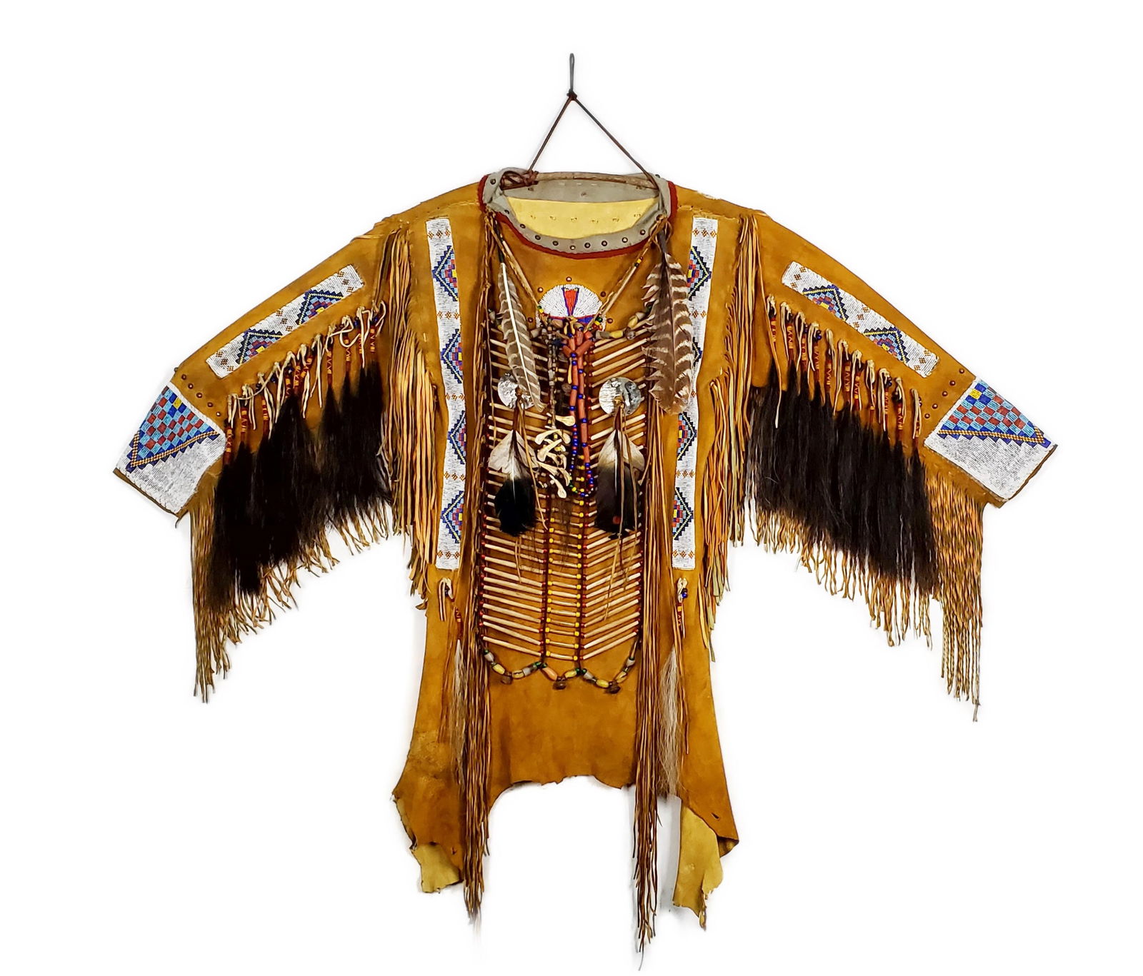 Native American Indian Southwest Buckskin PowWow Regalia War Shirt with Fringe, Beading, Feathers, (1 of 7)