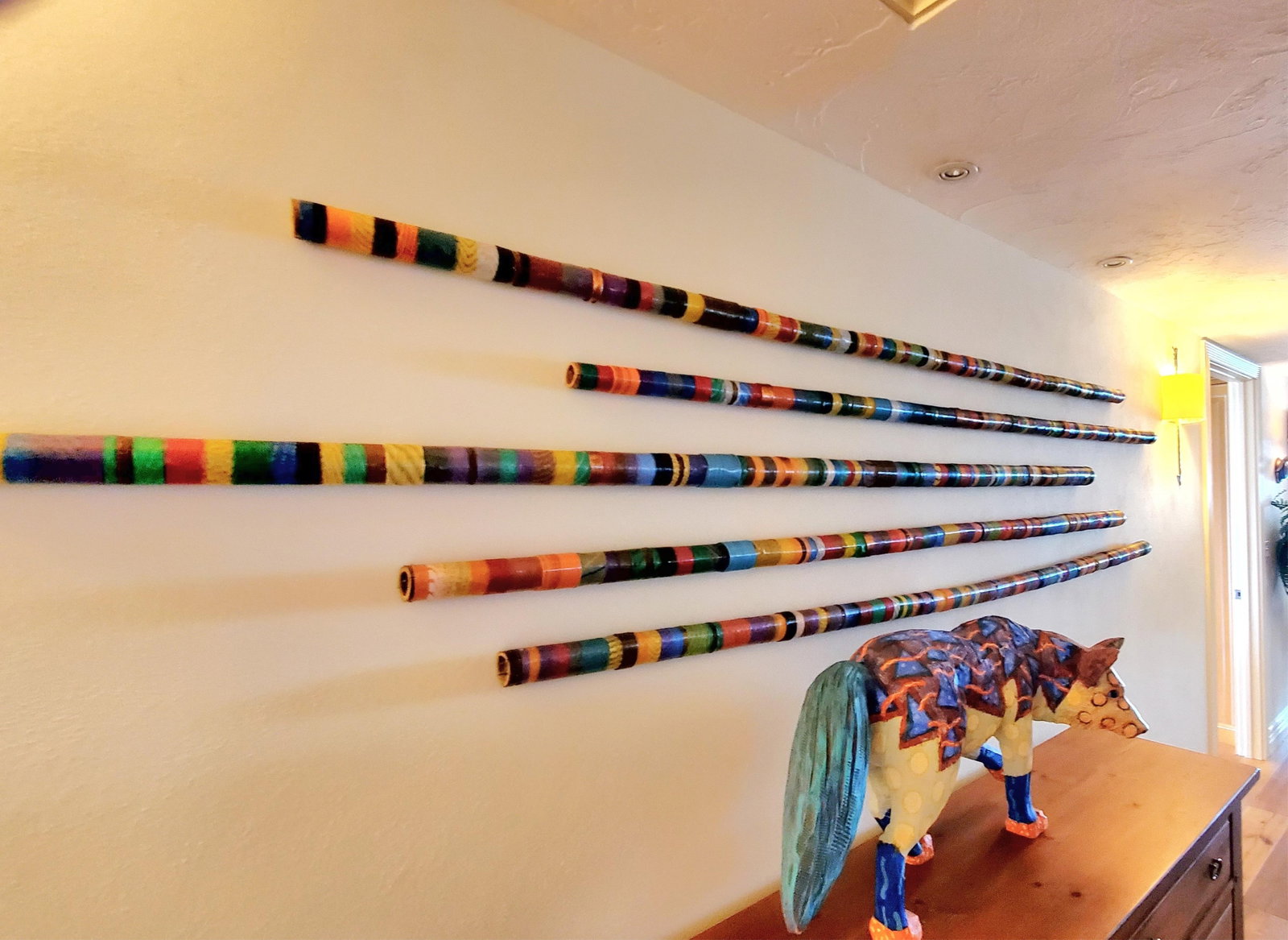 Group of Five Southwest Style Colored Wire Wrapped Long Poles, Longest-95": Group of Five Southwest Style Colored Wire Wrapped Long Poles, Longest-95"