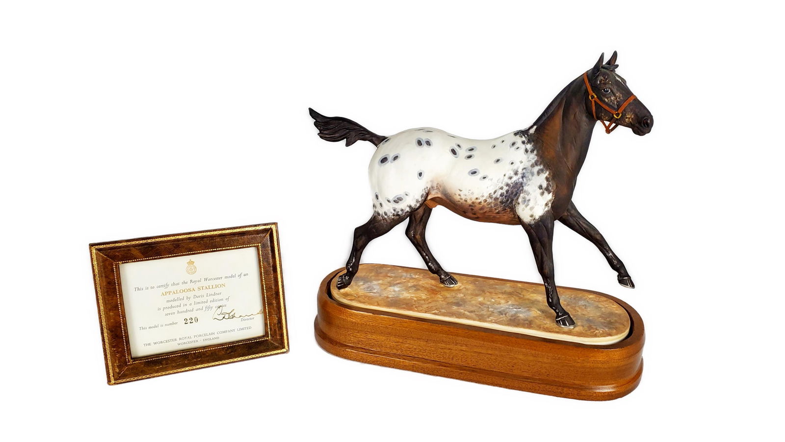 English Royal Worcester Porcelain Figure of an Appaloosa Stallion Horse on wood stand, with the (1 of 4)