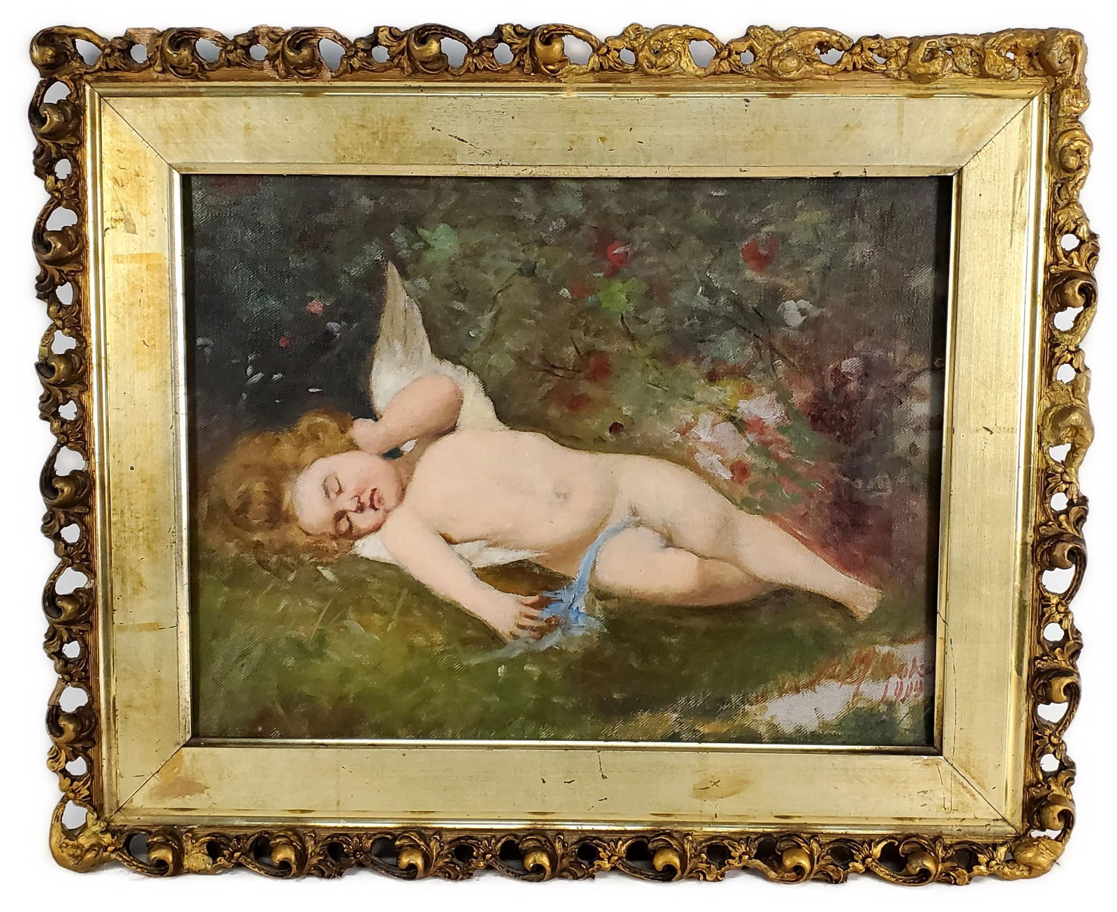 Early 20th Century Oil on Canvas Painting, Sleeping Cupid, bears signature and dated 1909 lower (1 of 5)