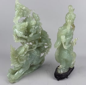 Group of Chinese Celedon Jade Objects to include: Green Jade figure of Quan-Yin set in hardwood