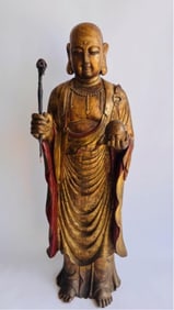 Large Southeast Asian Giltwood Standing Bodhisattva Sculpture of Ksitgarbha, holding a sceptre with