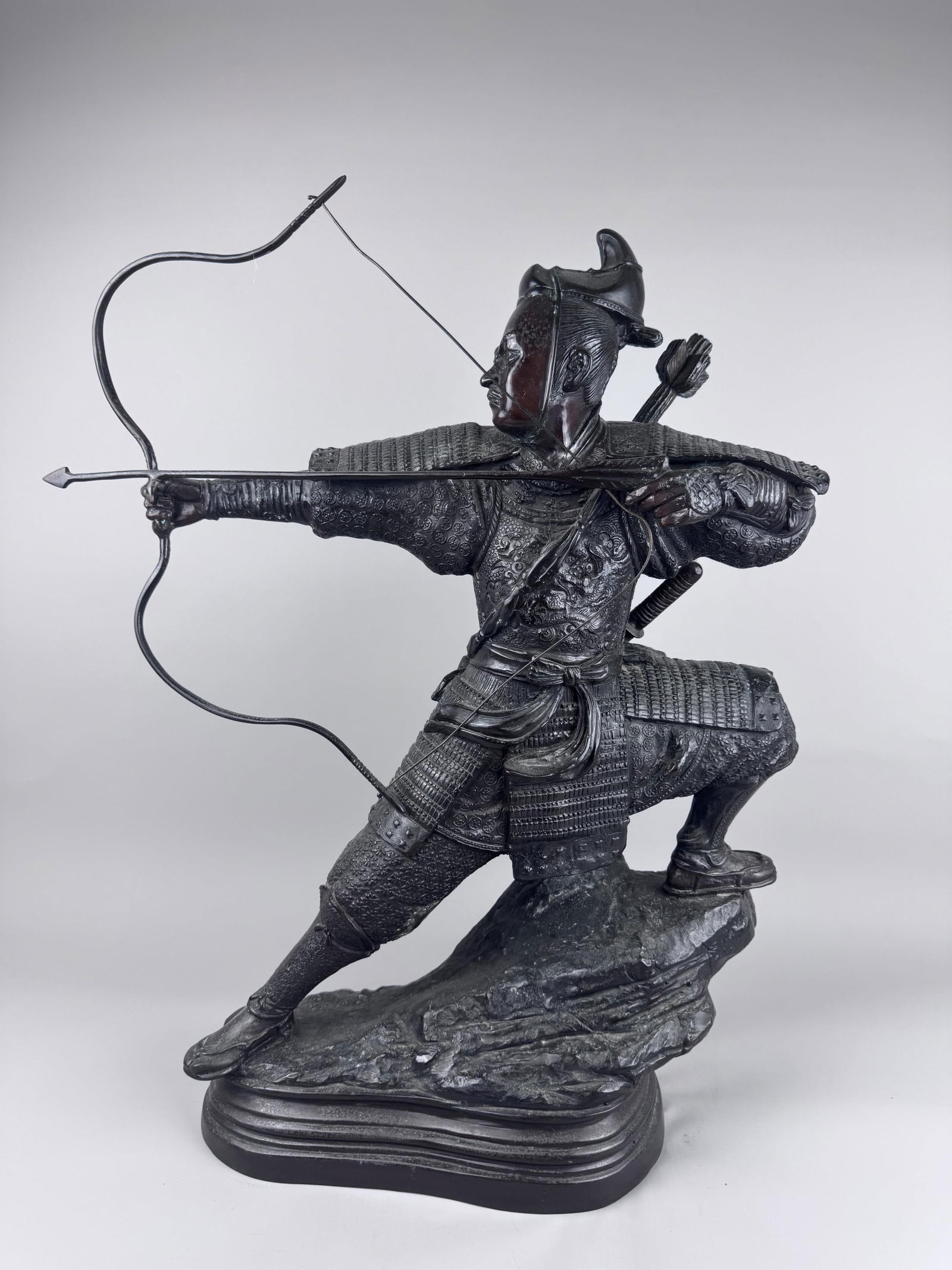 Fine Japanese Bronze Samurai Statue, Early 20th Century, signed on the base with numeration, 25" h., (1 of 7)