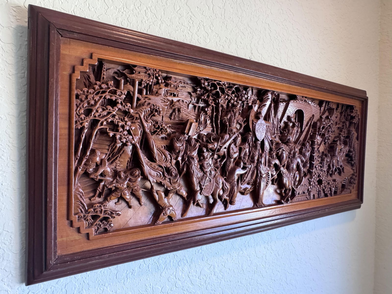 Antique intricately carved wood Chinese High relief Panel, Battle Scenes with Warriors, 36" h., 12 (1 of 7)