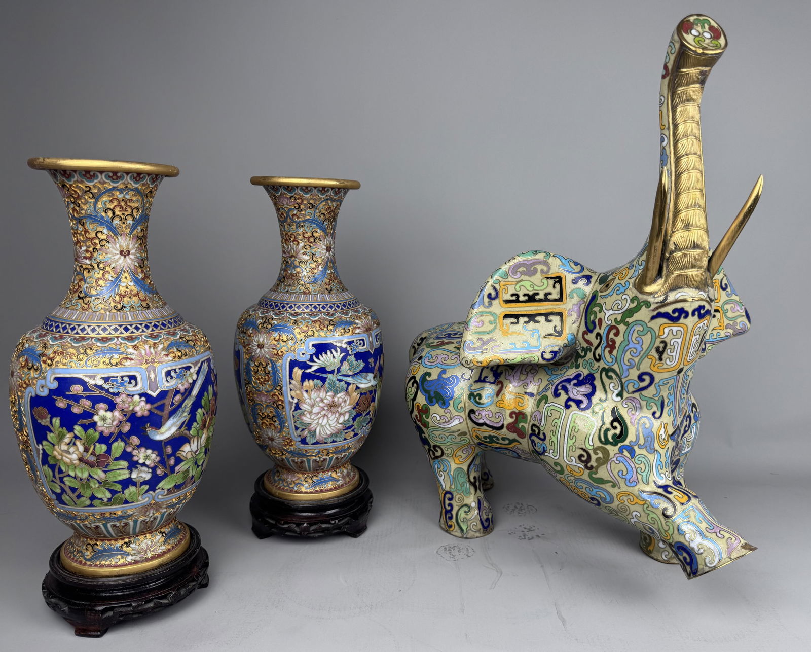 Group Lot of Chinese Cloisonne, to include: Standing Elephant and Pair of Vases with Gold wirework (1 of 7)