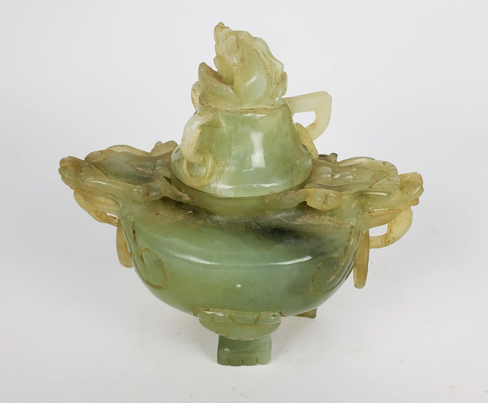 Chinese Celedon Jade Koro with Ring Handle Cover and with Dragon Heads Carved Ring Handles, 5 1/2" (1 of 5)
