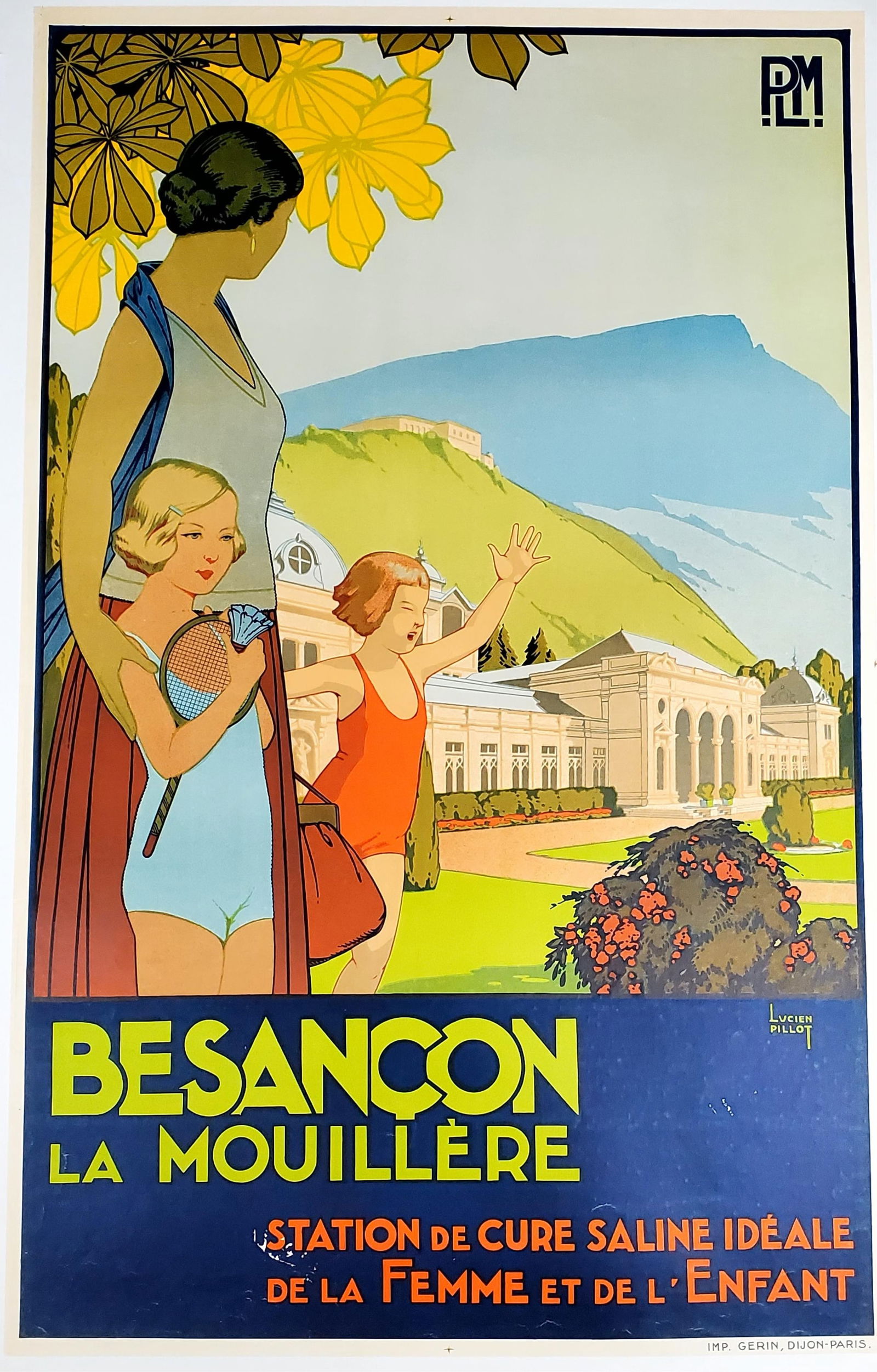 French Color Travel Tennis Lithograph Poster, Besancon La Mouillere, c.1930, by Lucien Pillot (1 of 5)