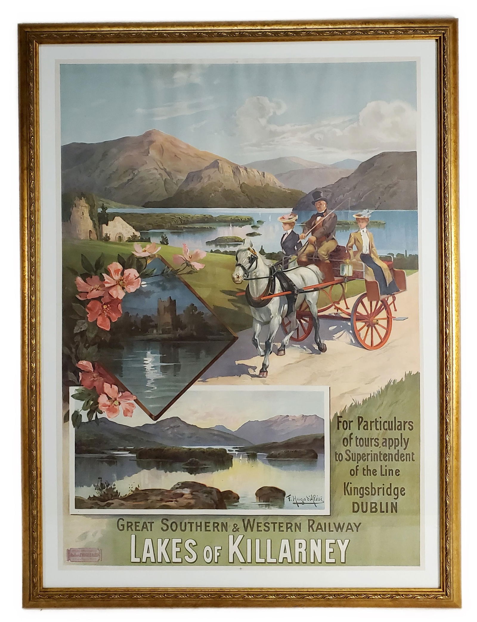 French Travel Color Lithograph Poster, Great Southern and Western Railway, Lakes of Killarney, (1 of 5)
