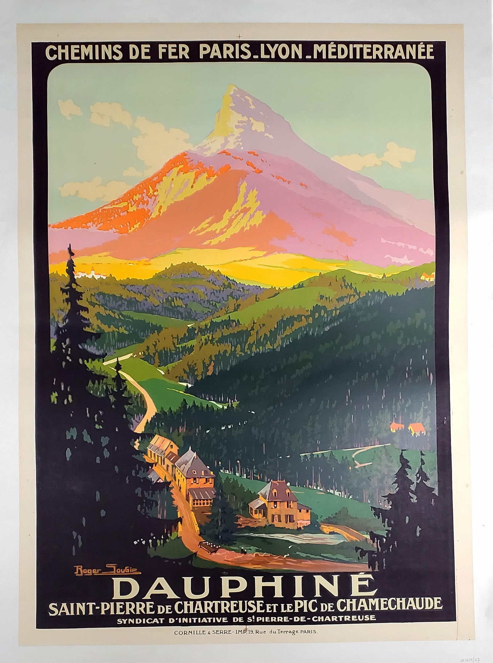 French Color Lithograph Travel Poster, Dauphine, Saint-Pierre de Chartreuse et Le Pic de: French Color Lithograph Travel Poster, Dauphine, Saint-Pierre de Chartreuse et Le Pic de Chamechaude, Imp. Corneille et Serre, Paris, 39" x 24 3/4", Good colors, has a minor abrasion linen mounted and