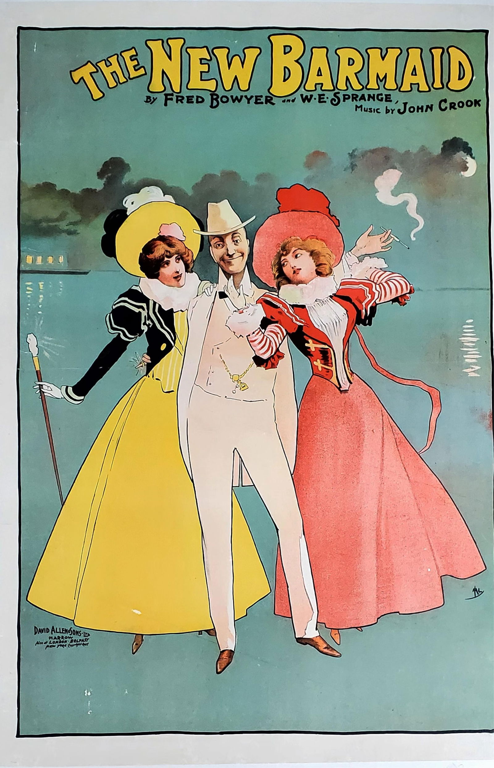 Vintage English Color Lithograph Poster, The New Barmaid Musical Vaudeville Production, c.1890's, by (1 of 5)
