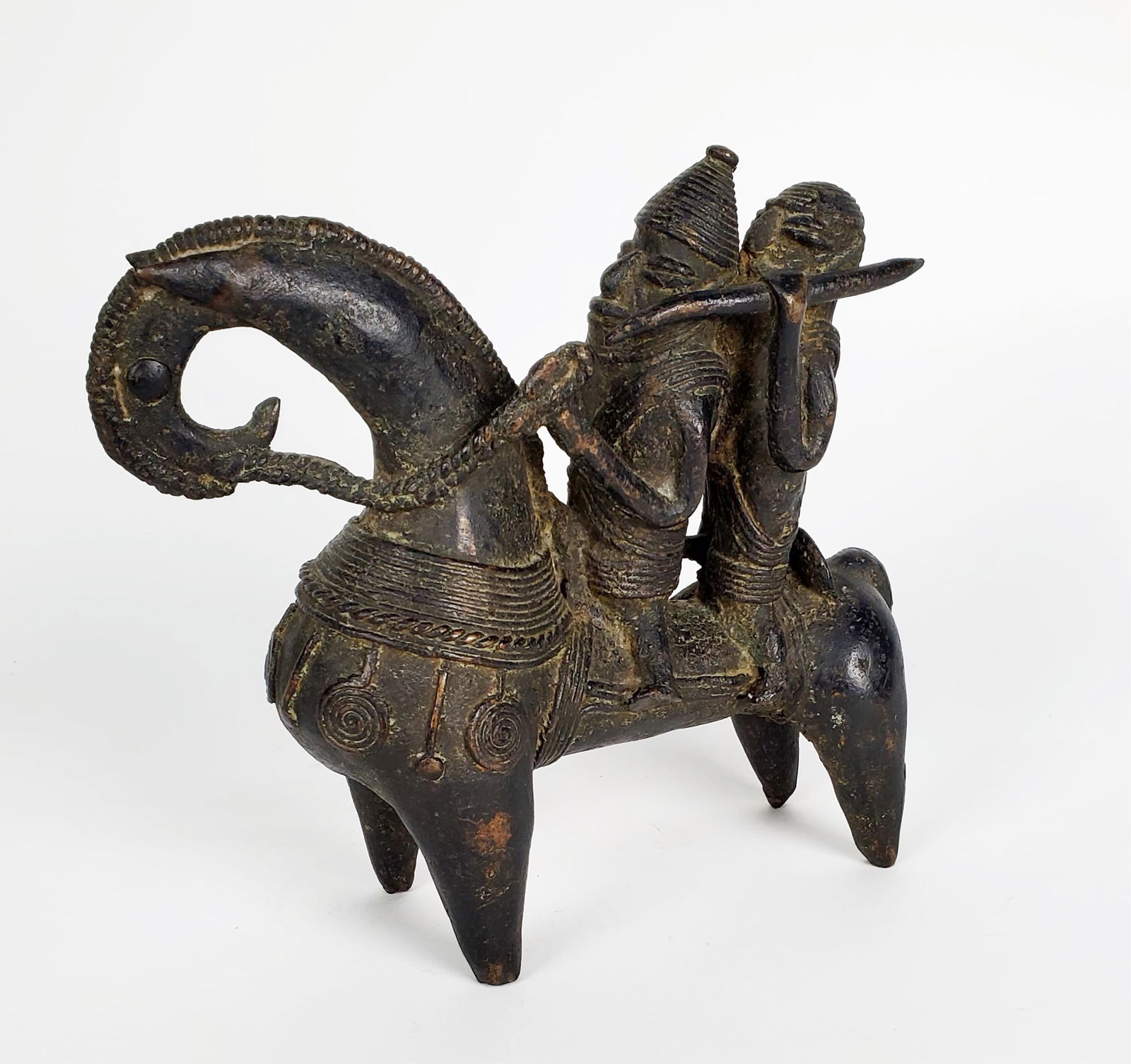 West African Kotoko Tribal Bronze Sculpture of Two Figures on Horseback, 8 7/8" h. 10" L. 3 1/4" d., (1 of 7)