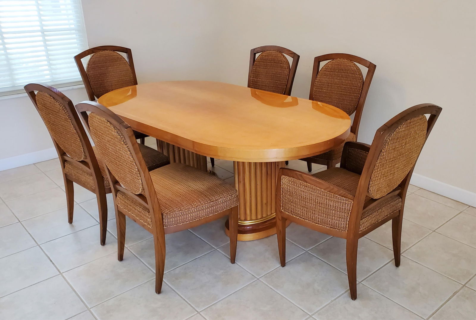 An Art Deco Style Oval Top with Two Fluted Pedestals Blonde Wood Dining Table and Six traditional (1 of 6)